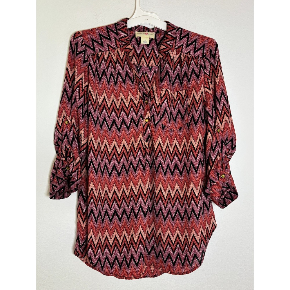 Wishful Park Womens Chevron Geometric Roll Tab Sleeve Tunic Blouse Red Orange L